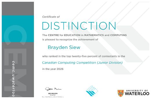 Canadian Computing Competition Junior 2026 — Certificate of Distinction