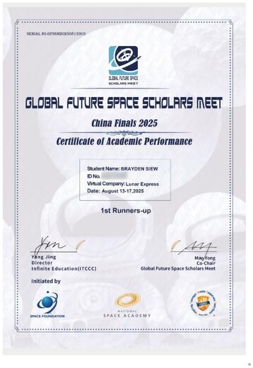 Global Future Space Scholars Meet China Finals 2025 — 1st Runners-up certificate