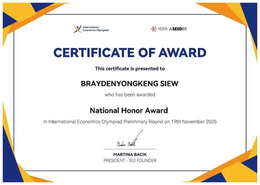 International Economics Olympiad — National Honor Award certificate